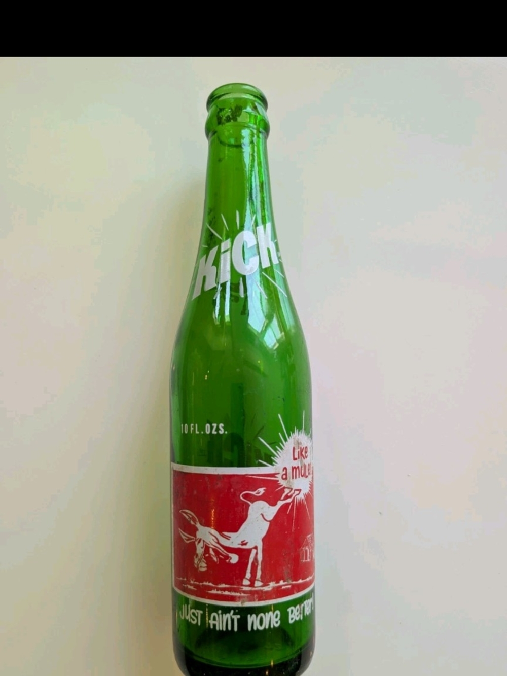 Vintage KICK Like A Mule Royal Crown Cola Green Glass Bottle 10oz Soda Pop